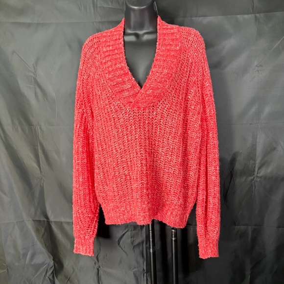 Anthropologie Vibrant Coral V-Neck Sweater - Picture 2 of 13